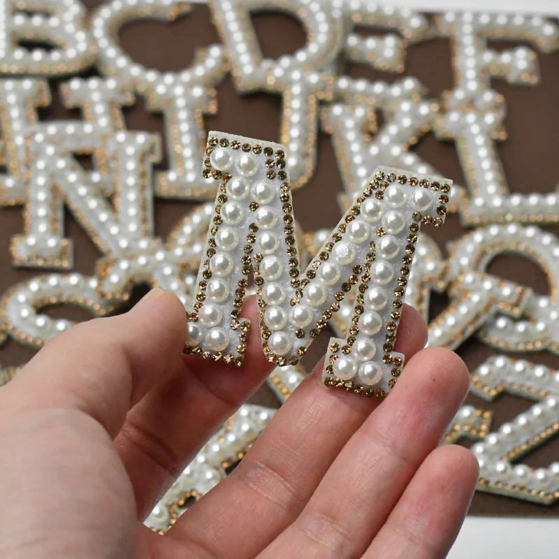 1Pcs Letter Patches Pearl Rhinestone Alphabet Patches For Clothes 3D Beads Applique iron On Patch