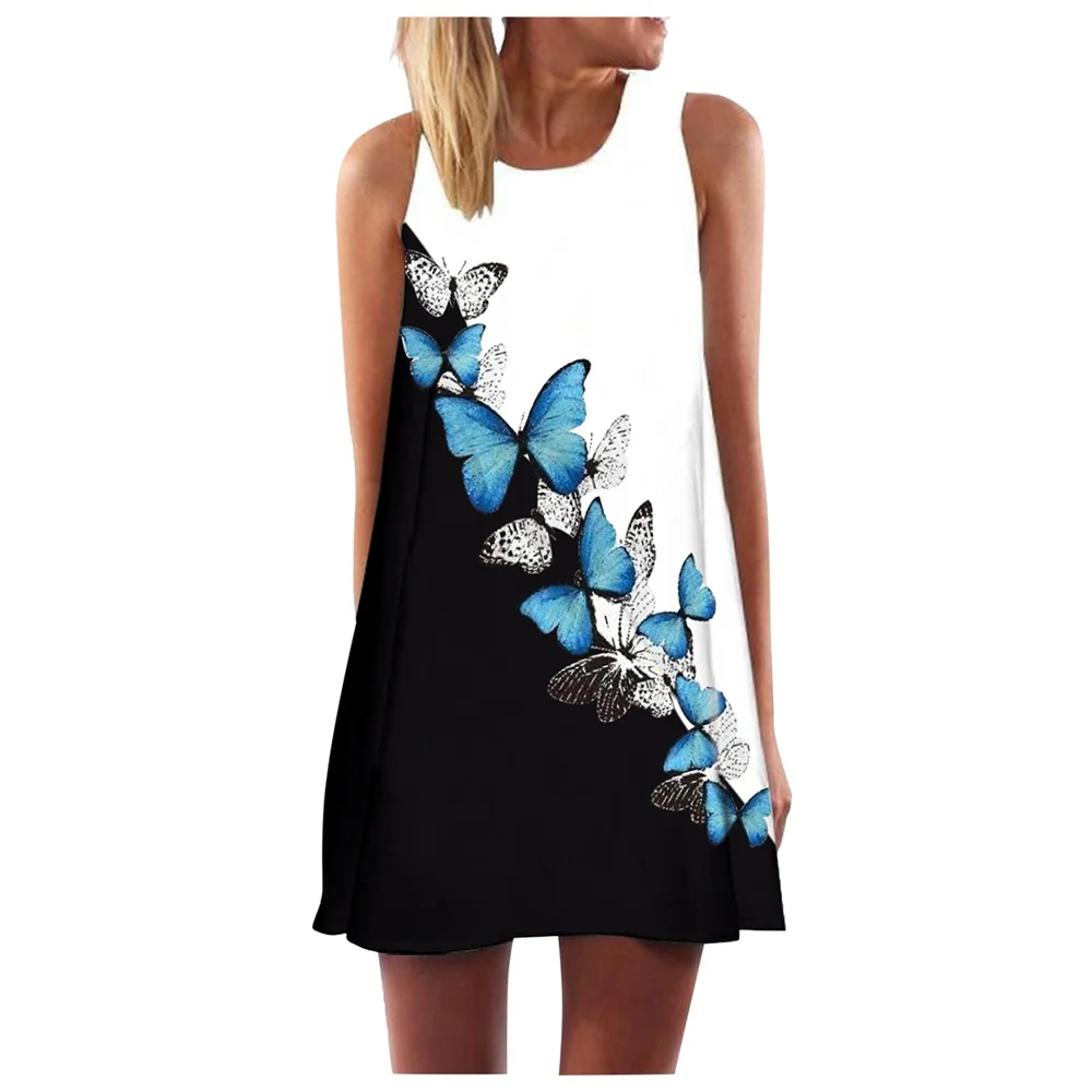 Vestido corto informal con estampado Digital 3D para mujer, minivestido ajustado con estampado de mariposa y cuello redondo, ropa elegante para vacaciones en la playa