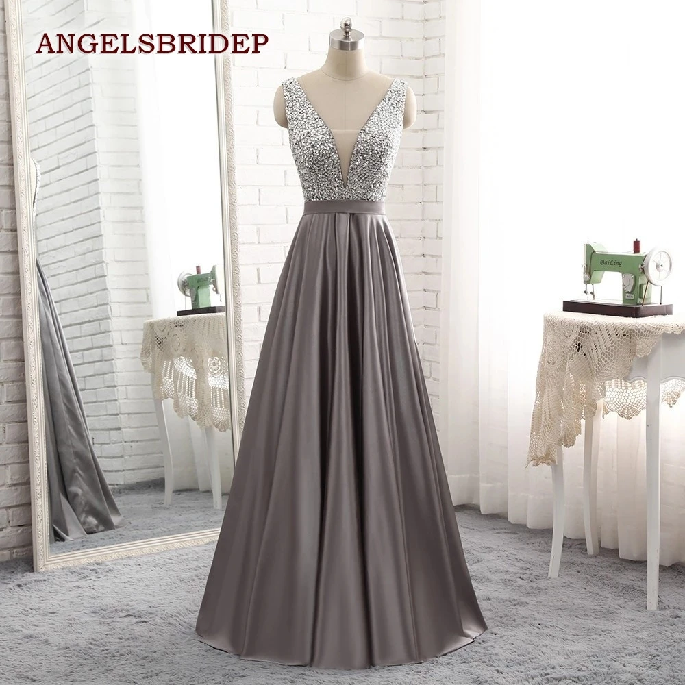 

Luxury Long A-line Evening Dresses Sexy Gray Satin Beaded Vestido De Festa Cheap V-Neck Vestidos de festa Party Gown