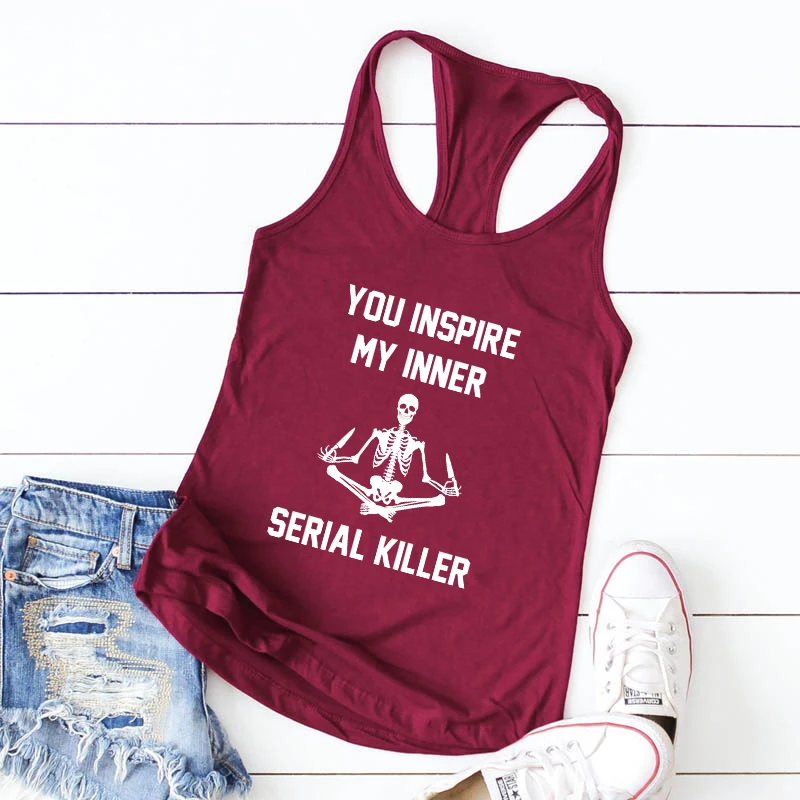 You Inspire My Inner Serial Killer Tank Funny Women Sleeveless Meditating Skeleton Yoga Tops