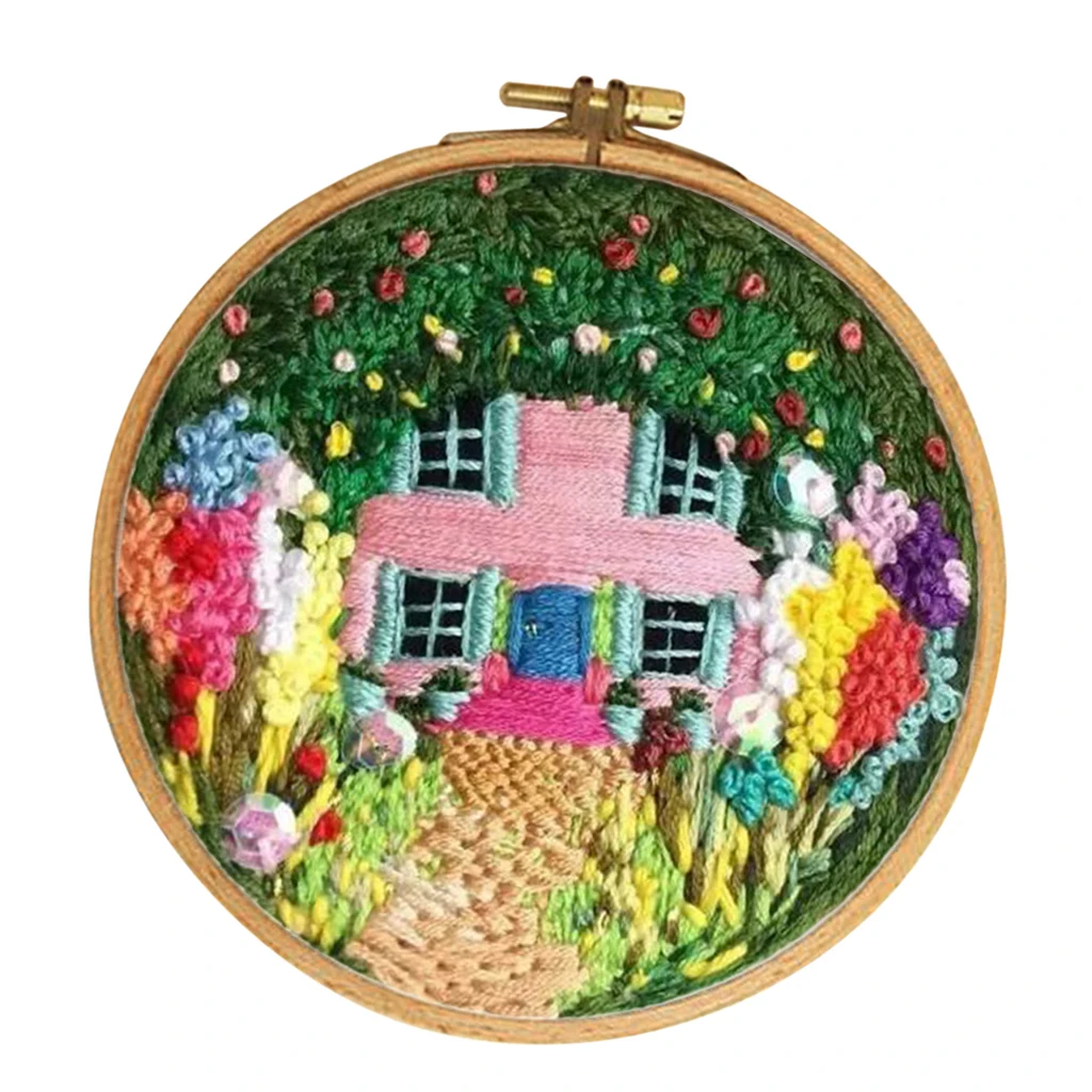 Embroidery Starter Kit - Colorful House Pattern, Pre-Printed Embroidery Cloth DIY Needlework Crafts