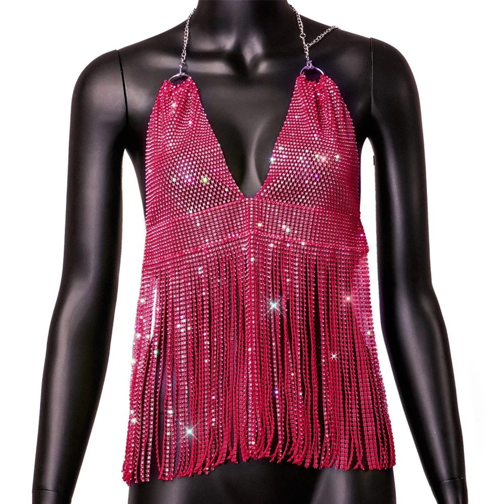 Seksowny przezroczysty gorset z frędzlami Rhinestone krótki top damski letni klub plaża impreza halter top brokat damski podkoszulek rave strój