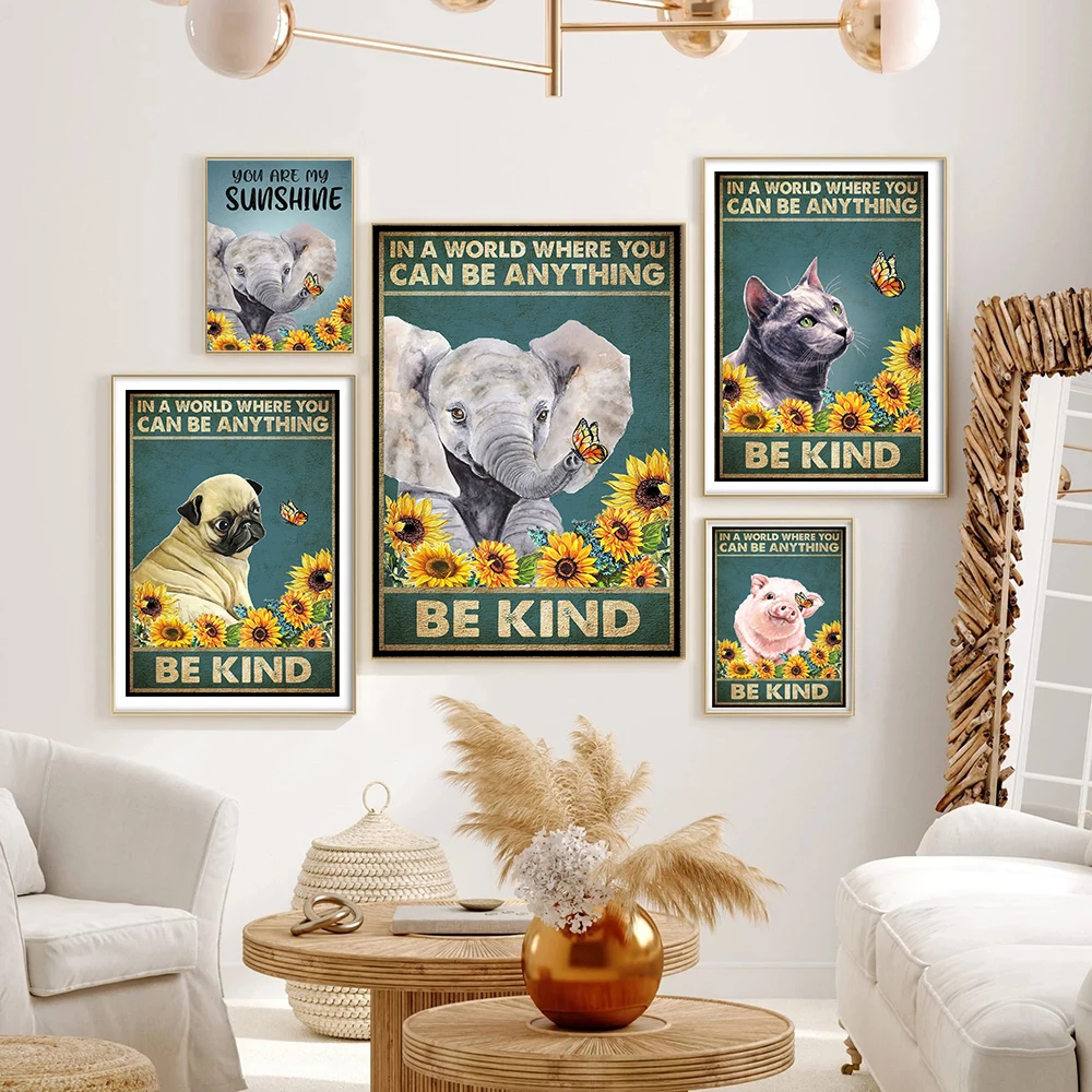

Mental Animal Poster Be Kind Art Print Vintage Butterfly Sunflower Dog Pig Elephant Funny Bathroom Canvas Painting Home Decor