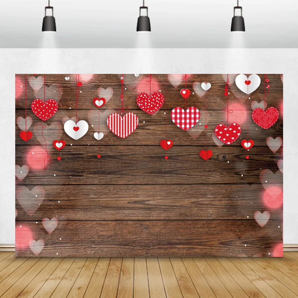 Vinile tavole di legno sfondo fotografico Red Love Heart Pendant Pattern san valentino Room Decor famiglia sfondo fotografico Prop
