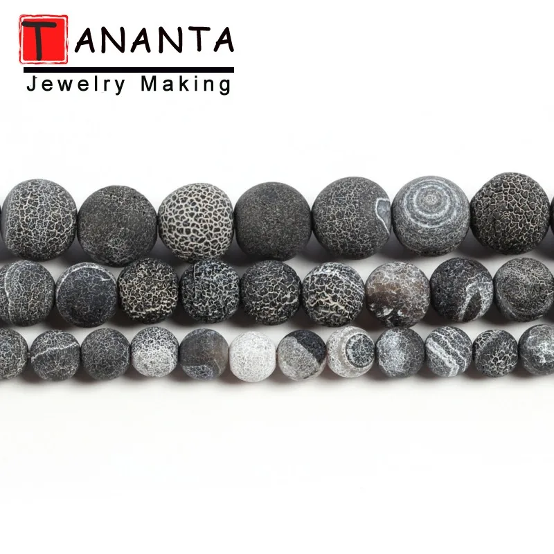 Natural Frost Cracked Agates Stone Round Black Matte Onyx Beads for Needlework Jewelry Making Diy Bracelet 4 6 8 10 12MM 15 Inch