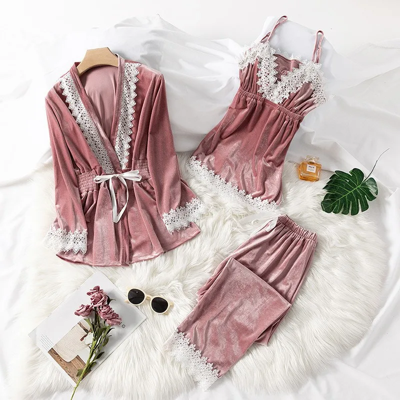 3PCS Pajamas Suit Female Sleep Set Velvet Sexy Lace Patchwork Nightwear Home Clothing Velour Lady Sleepwear Intimate Lingerie