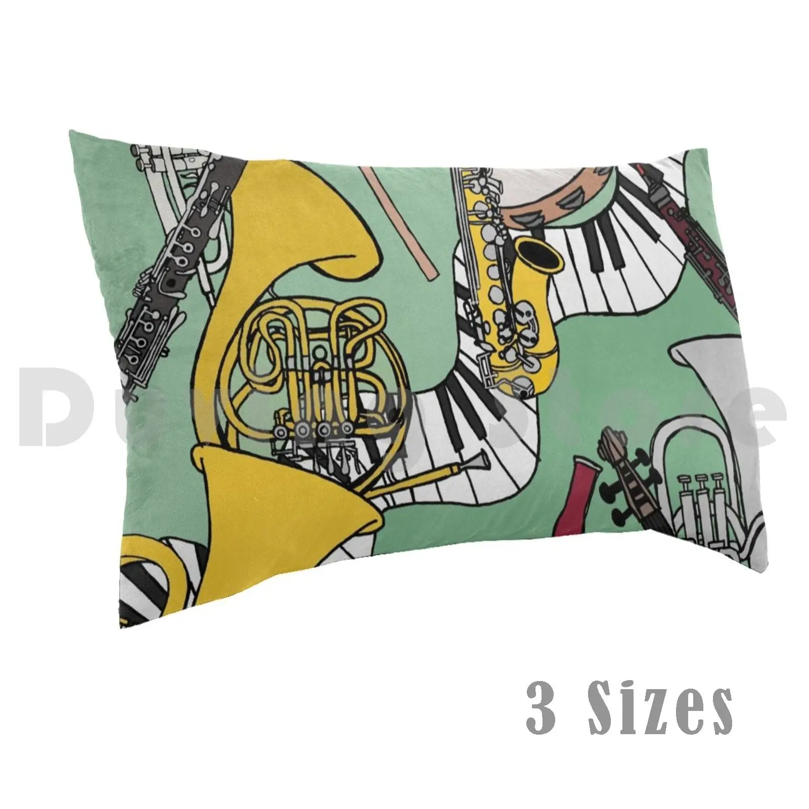 Solid Green Musical Instrument Collage Pillow Case Printed 50x75 Percussion Music Ed Piano French Horn Trumpet