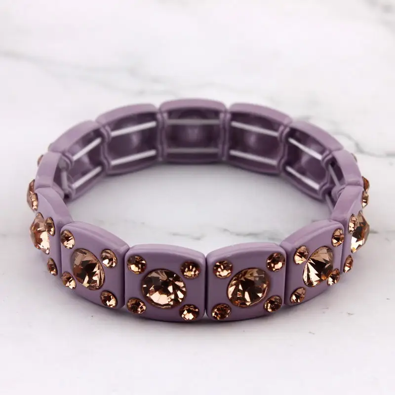 ZWPON Rainbow Mini Facted Glass Crystal Braclet Bangle Geometric Square Alloy Frame Fashion Elastic tring Bracelet for Woman