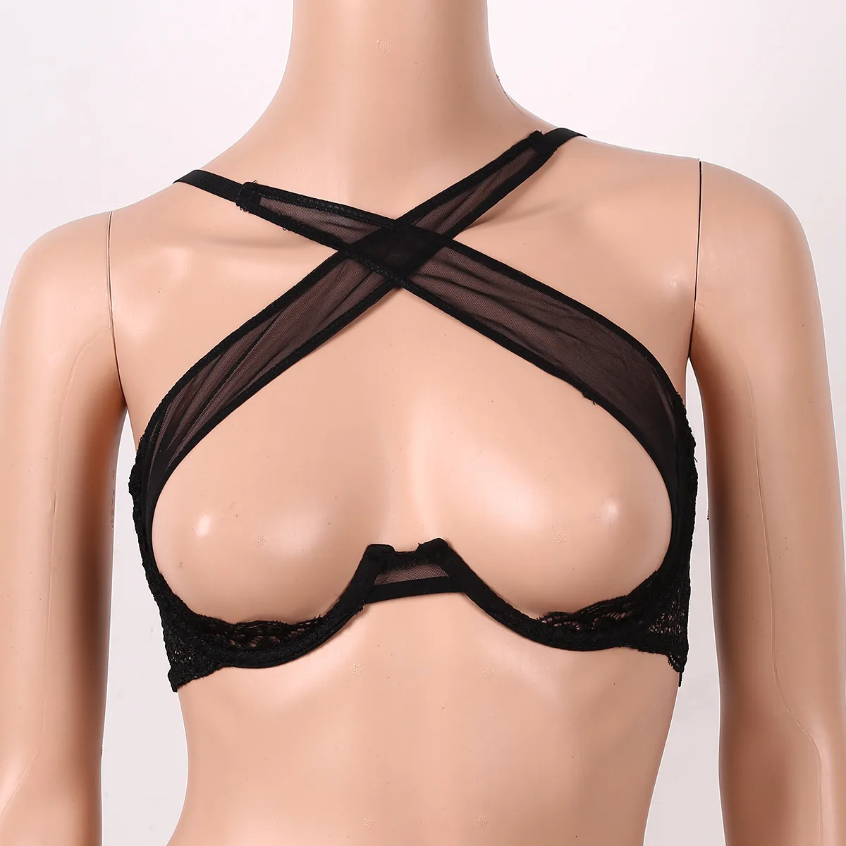 Sutiã transparente de malha transparente, lingerie sexy com frente cruzada, sutiã com rendas