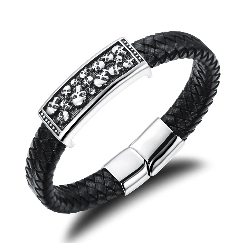 Punk Men's Bracelet Stainless Steel With Braided Leather Skull Heads Charms Skeleton Bracelets 22cm