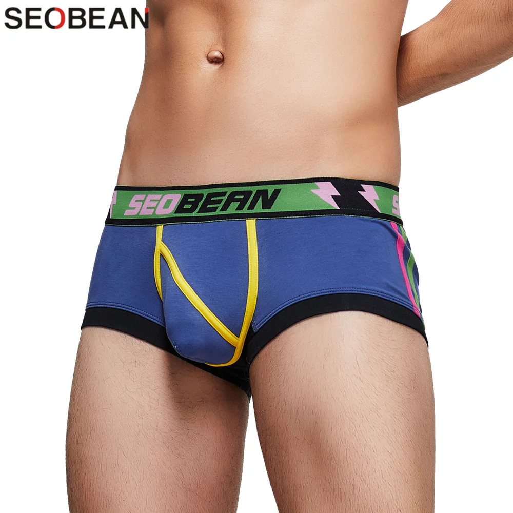 SEOBEAN Men\'s Underwear Boxers Low Waist Breathable Fashion Patchwork Boxer Shorts For Man U-convex Pouch Sexy Men Boxers