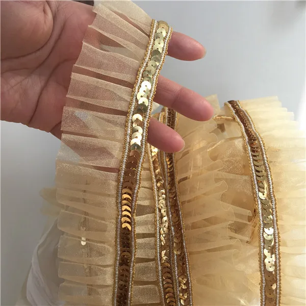 4.5CM Wide Delicate Golden Sequins Embroidered Ribbon Pleat Lace Collar Applique Edge Trim For Sewing Skirt Clothing DIY Crafts