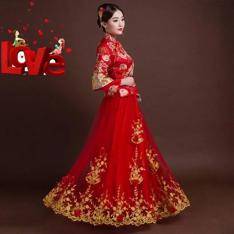 

Красный формальный Cheongsam вес 90--95 кг можно носить королевский свадебный костюм невесты винтажное китайское традиционное платье феникса с вышивкой