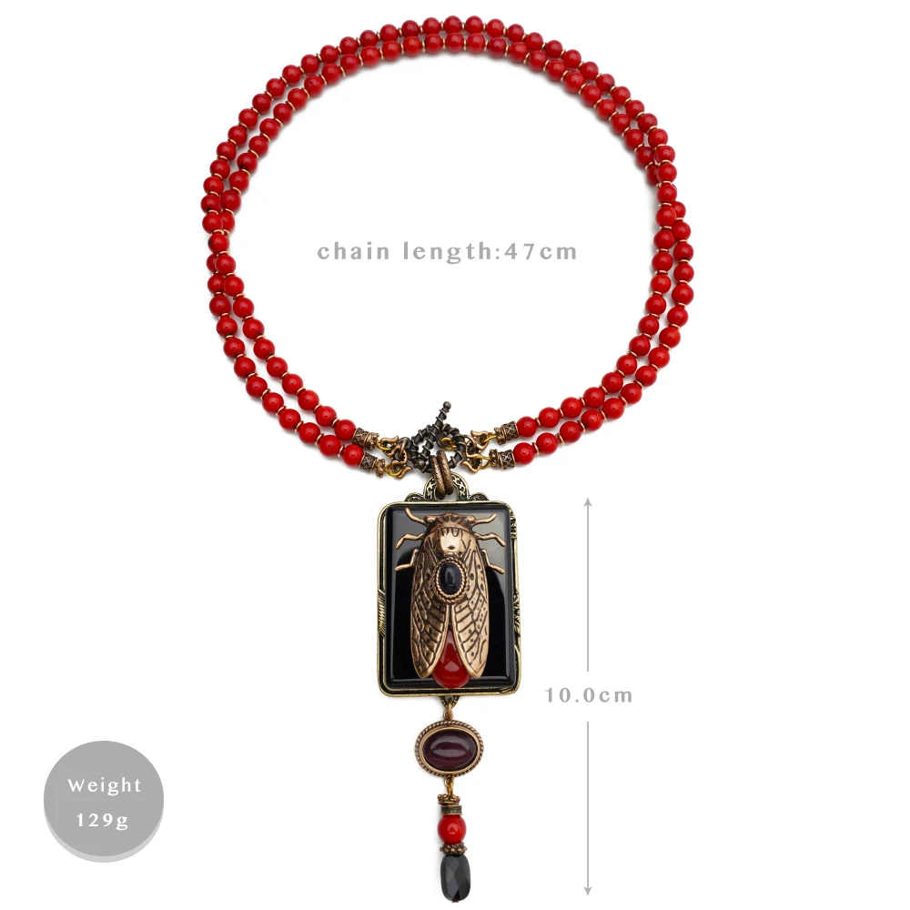 Amorita boutique vintage design cicada Keratoisis Natural Red Sea Bamboo Beads Agate necklace