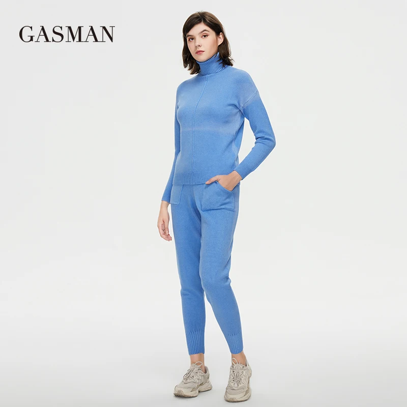 GASMAN 2022 autumn set turtleneck sweater Knitted pants blue warm high quality two-piece set for women fashion tracksuit GT005-1