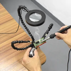 NEWACALOX Tabletop Clamp Base Helping Hands Soldering Third Hand Tool with 3X LED Illuminated Magnifying Glass PCB Board Holder