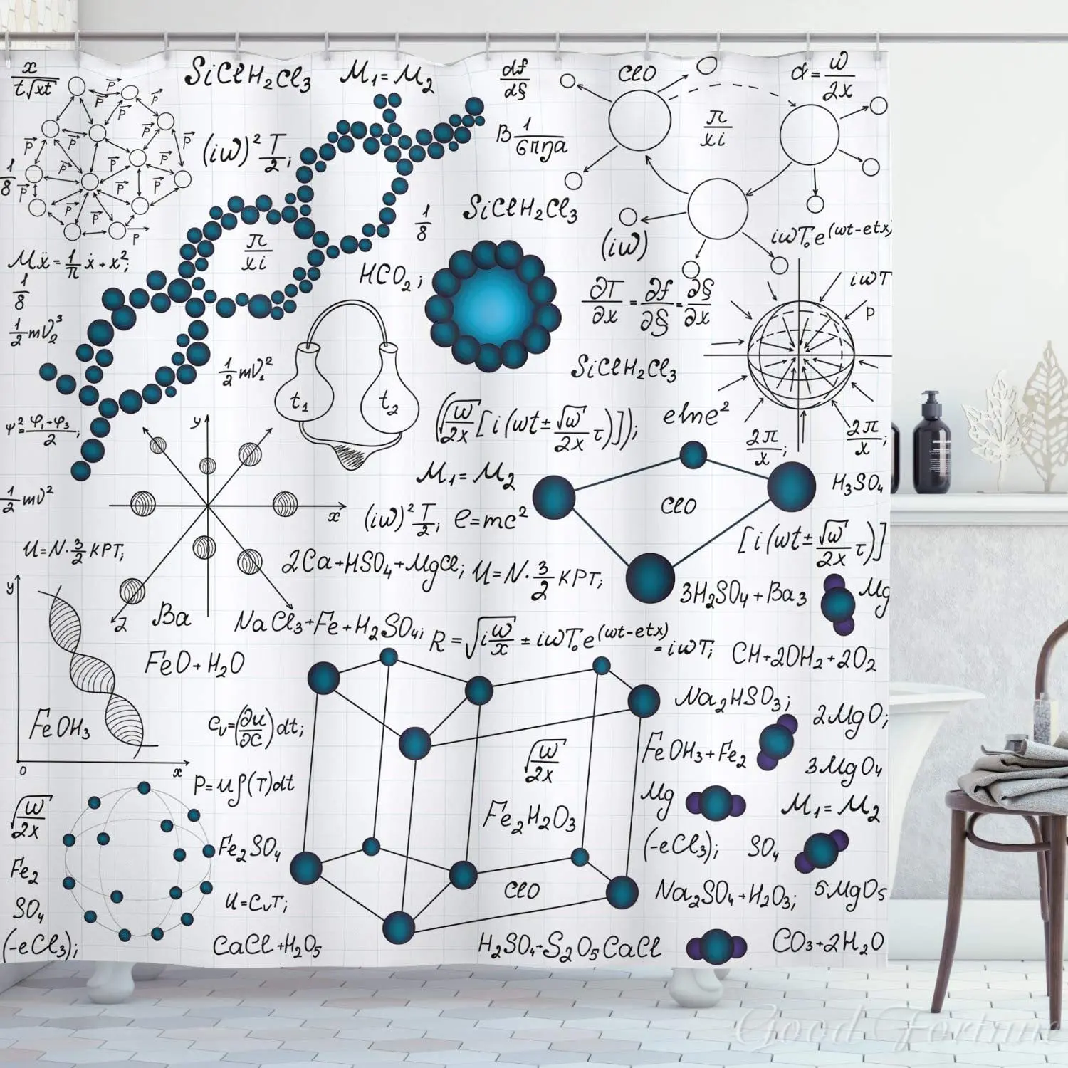 Abstract Shower Curtain Science Physics Dna Molecule Formulas Atomic Chemical Analyses Display Bathroom Decor Set With Hooks