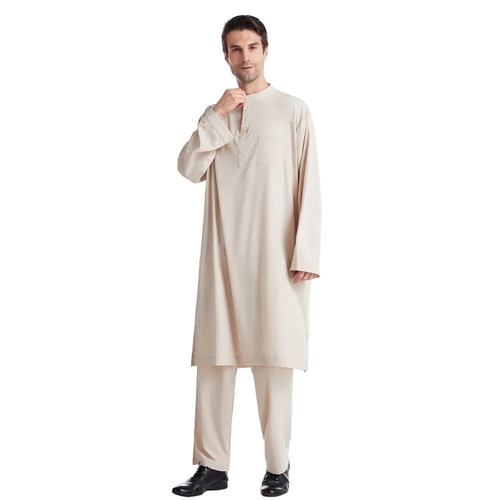 Muslim Men Jubba Thobe Arabic Islamic Long Dress Saudi Arab Robe Abaya Dubai Kaftan Long Shirts Pants 2PCS Suits Middle East