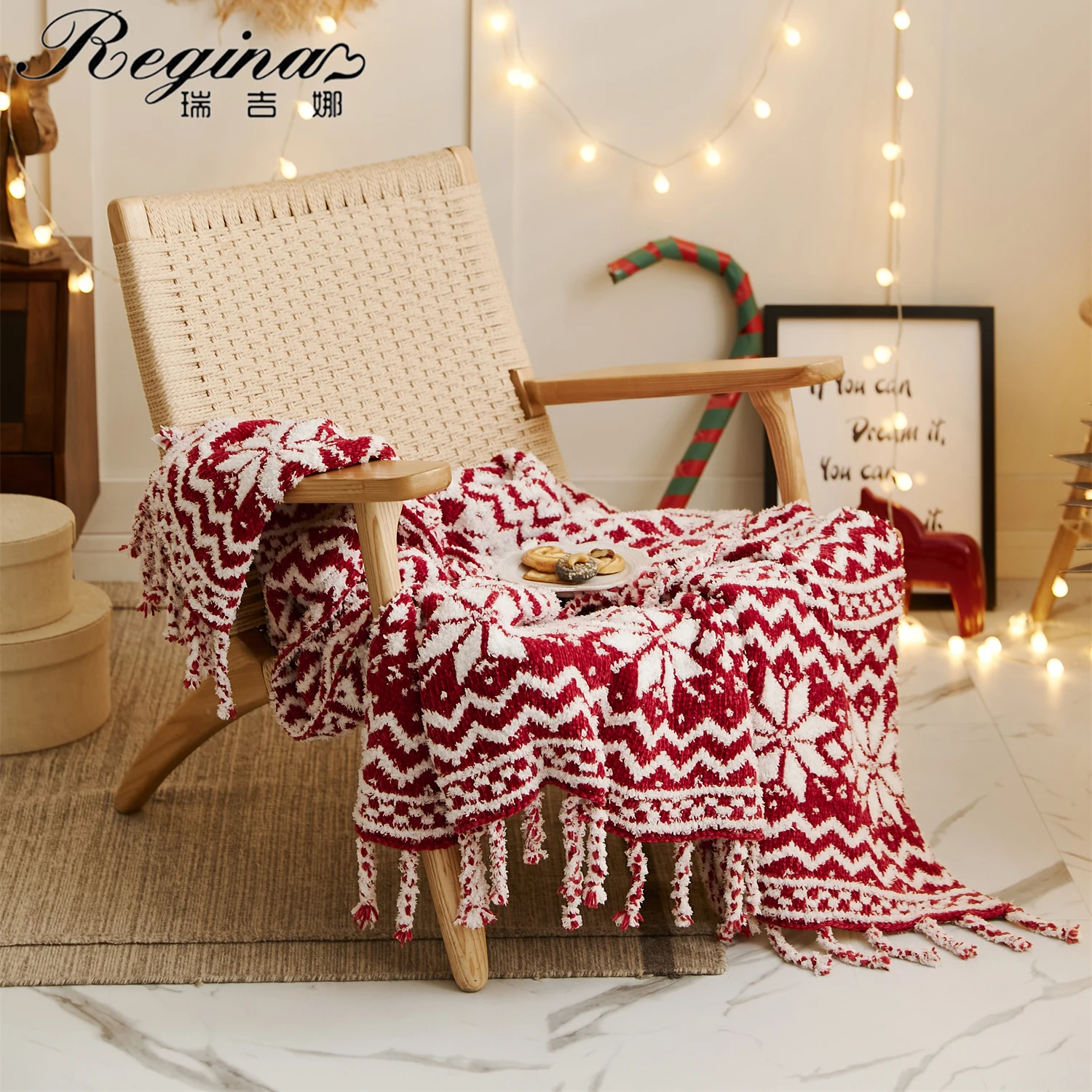 REGINA Brand Christmas Chunky Knit Blankets Cozy Microfibe Tufted Knitted Wine Beige Fringes Home Decor Gift Plaid Throw Blanket