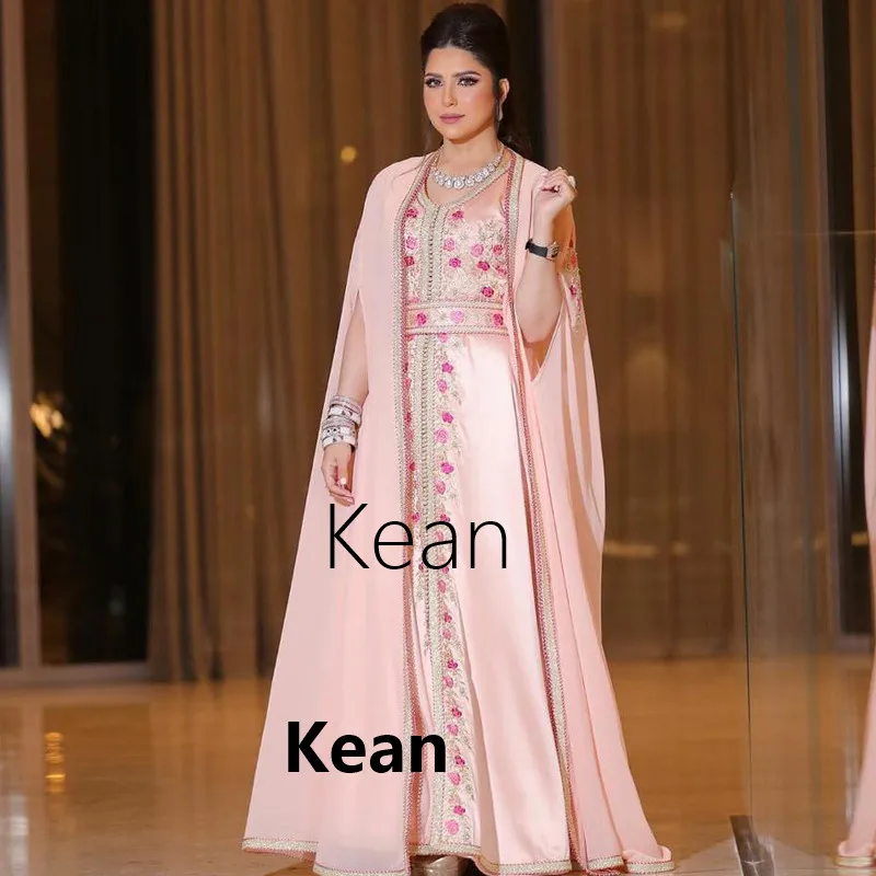 Pink With Jacket Moroccan Caftan Evening Dress Appliques Full Sleeve Evening Party Vestido de Renda Groom Mother Suits