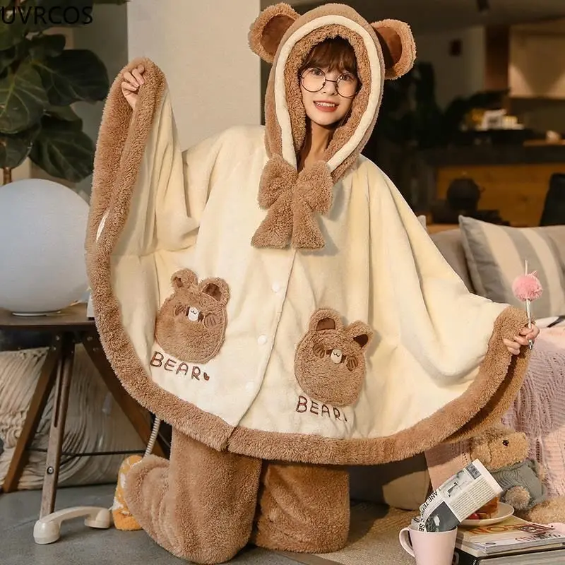 Japan Cute Lolita Pajamas Sets Girls Sweet Bear Ear Hooded Coral Fleece Cloak Sleepwear Women Winter Kawaii Home Clothes Pyjamas