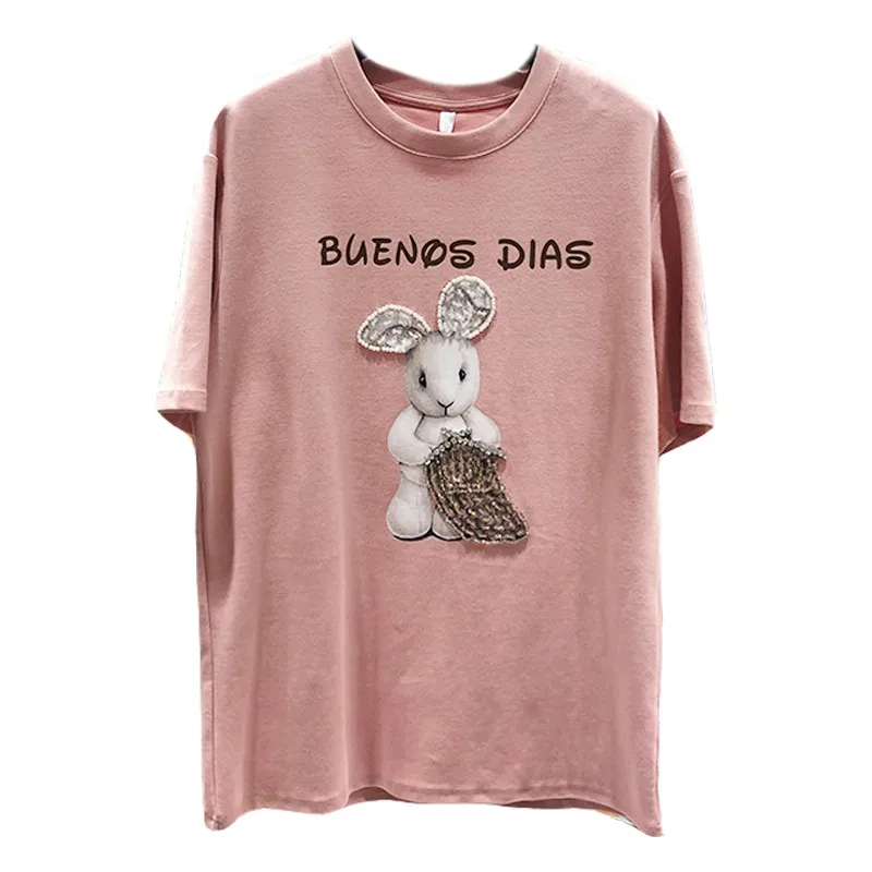 

Summer T Shirt Women New Heavy Industry Nail Bead Sequin Cute Rabbit Harajuku 95% Cotton Tees Tops Student Short Sleeve Pink