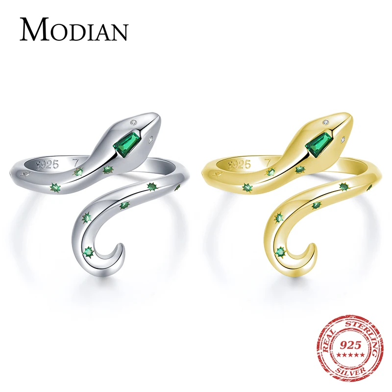 MODIAN Real 925 Sterling Silver Green Zirconia Stars Fashion Snake Female Finger Ring For Women Adjustable Party Fine Jewelry