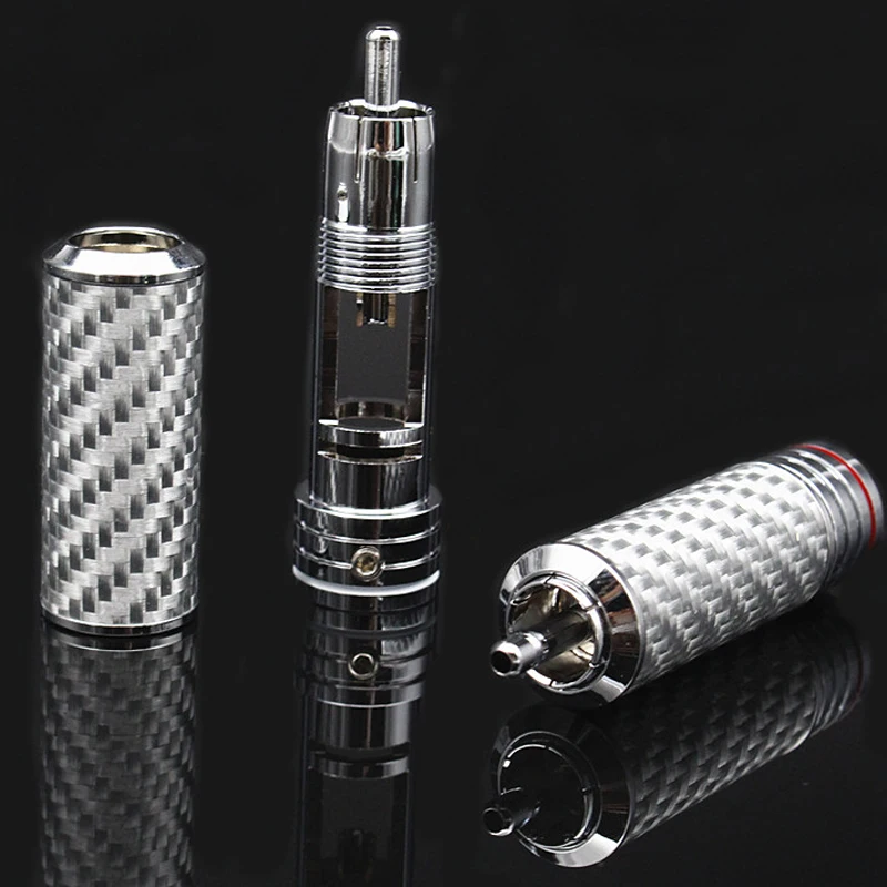 Hifi 4pcs  Rhodium plated Carbon Fiber RCA Plug 8mm  Audiophile Eutectic Copper Shell RCA Male Plug Soldering Connector