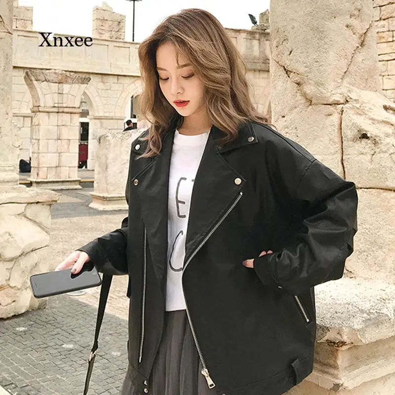 2021 Ladies Casual Solid Color Artificial Leather Coat Lapel Ladies Pu Leather Jacket Female Cool Zipper Streetwear