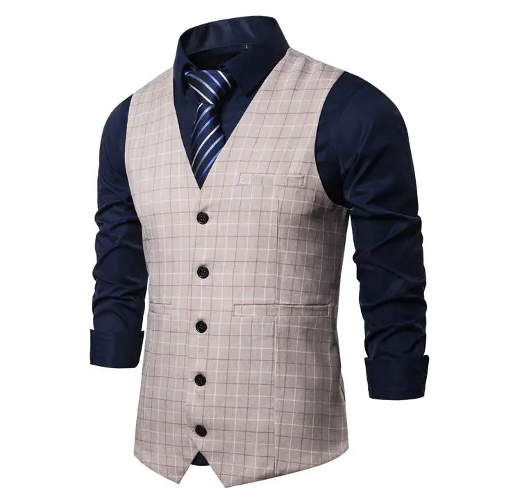 Waistcoat Vest For Men Slim Fit Leisure Plaid Gentlemen Business Sleeveless Vintage Mens Wedding Vest Party Formal Costime Homme