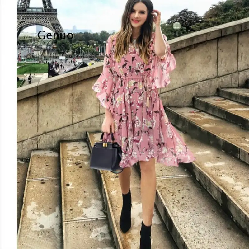 Chiffon High Elastic Waist Party Dress Bow A-Line Women Butterfly Sleeve Flower Print Floral Boho Dress Female Vestido