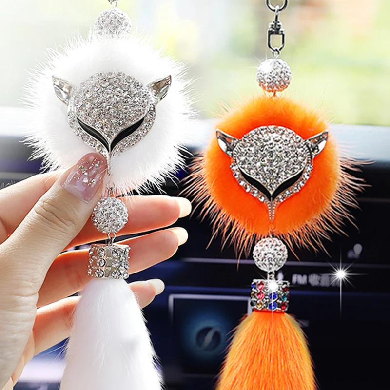 8 Colors Plush Fox Car Hanging Ornaments Diamond Rhinestone Cute Rear View Mirror Ornament Car Accessories for Women Girls Gifts