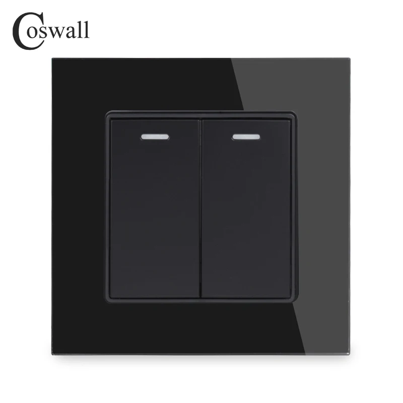 COSWALL 2 Gang 1 Way Crystal Tempered Glass Panel Light Switch On / Off Rocker Wall Switch Interruptor 16A Black White Grey Gold