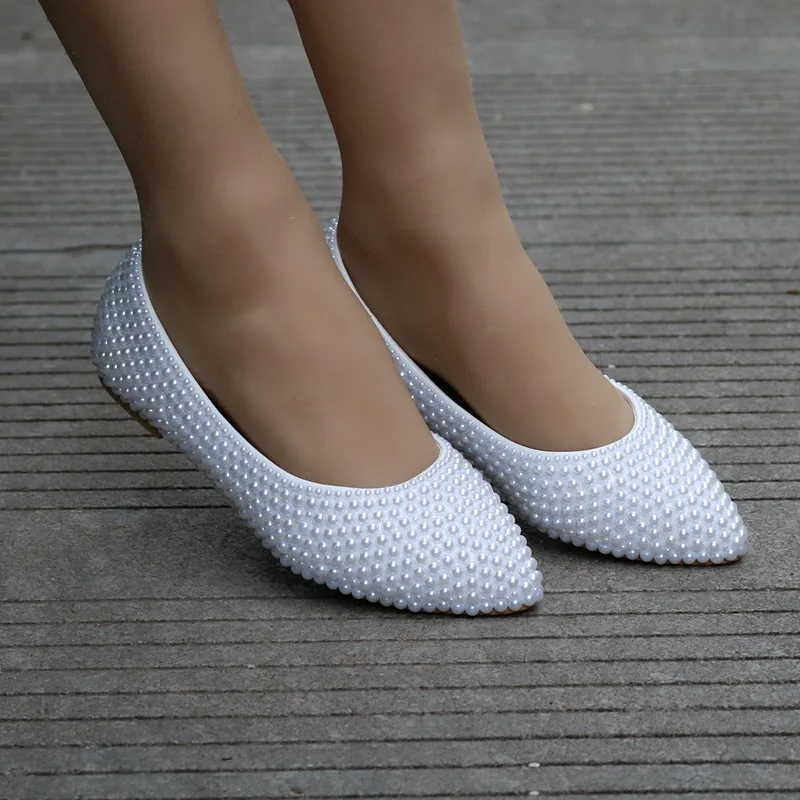 Women Flats Ballet Shoes PU Leather Breathable White flat bridal pearl wedding shoes Women Boat Shoes Ballerina Ladies Casual