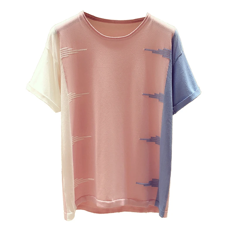 Shintimes Pink Knitted T Shirt Women 2023 Summer Thin T Shirts Female Casual Woman Clothes Tshirt Hit Color Tops Tee Shirt Femme