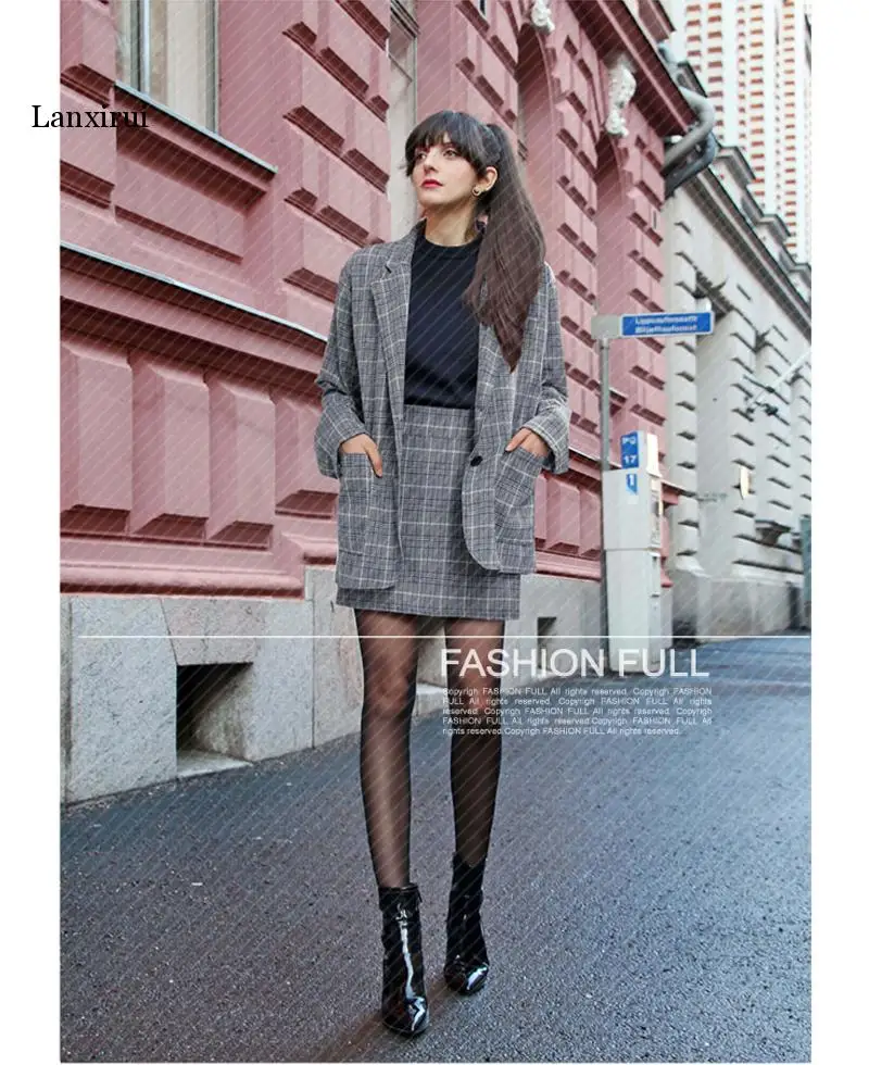 Retro Plaid Blazer Set Single-breasted Jacket & Pencil Skirt 2 Pieces Skirt Suit Female Office Ladies Blazer Suit two piece set