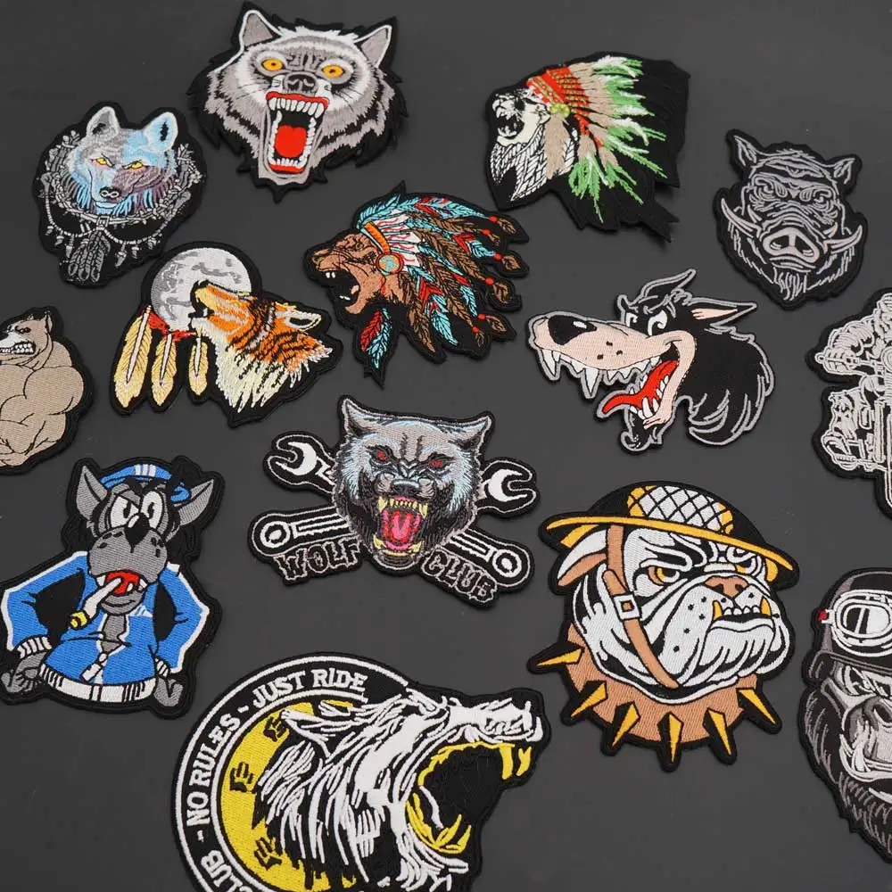 Animals Embroidered Punk Biker Patches Orangutan Wolf Wild Boar Indian Lion Small Badge for Clothes Sticker Apparel Accessories