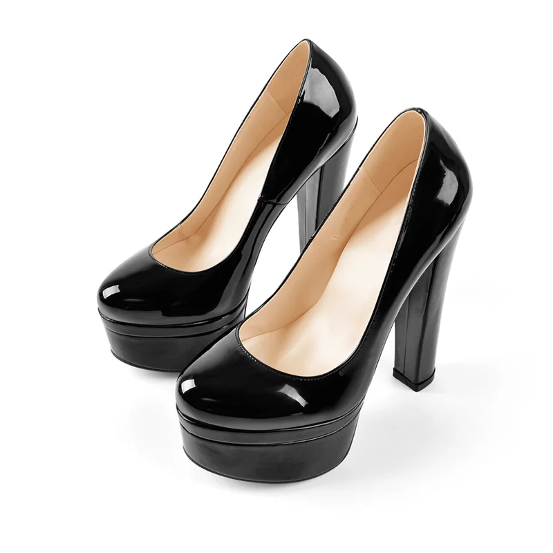 Onlymaker Women Platform Pumps Round Toe Slip On Block Chunky Heels Party Patent Black Large Size Shoes