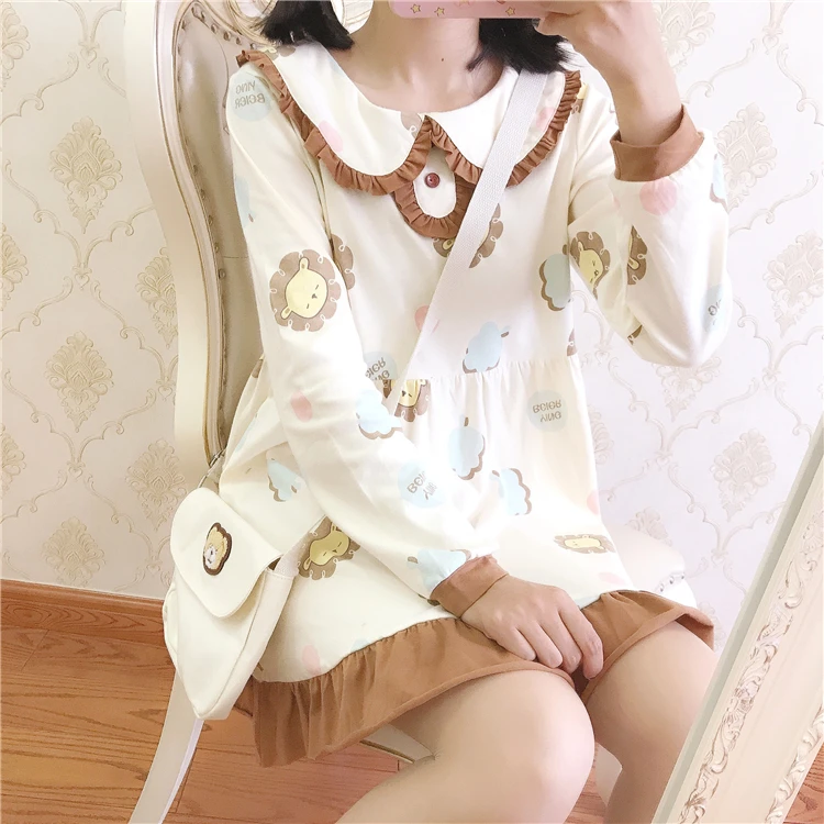 Lolita Japanese soft sister doll dress cute little lion printed long-sleeved student dress high waist victorian dress kawaii