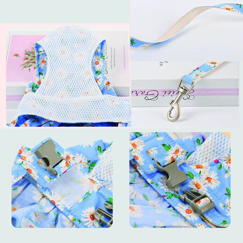 Pet Harness Dress Korean Style Flower Printed Dog Vest Harness Leash Set Princess Dog Vest Harness Clothes for Small Dog