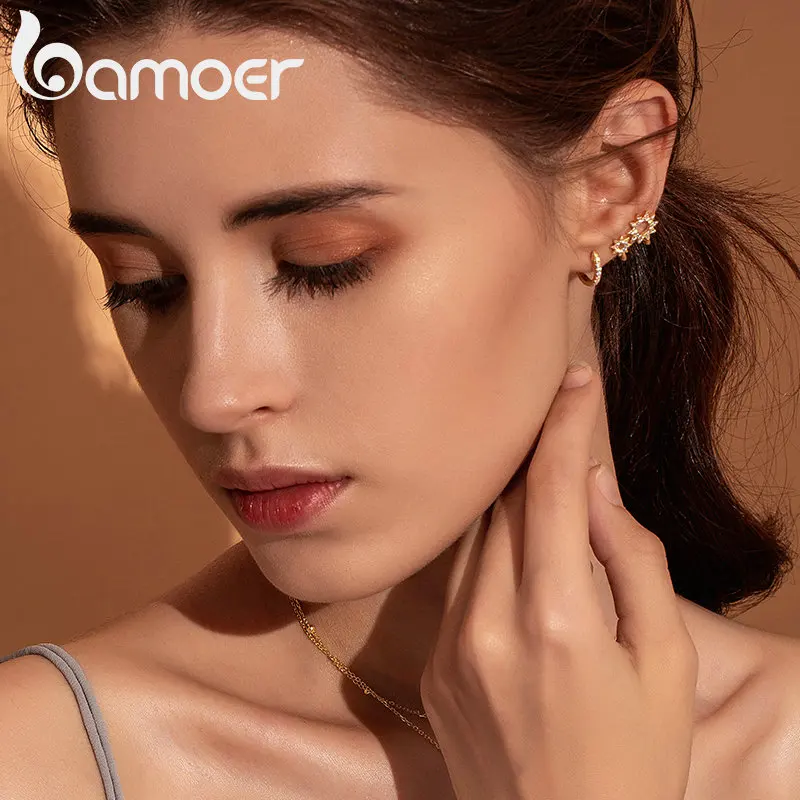 BAMOER Genuine 925 Sterling Silver Round Circle Hoop Earrings for Women Gold Color Earrings Sterling Silver Jewelry Gift SCE498