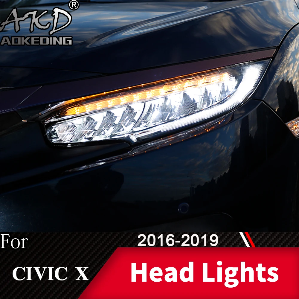 

Фара AKD для Honda Civic 2016-2020 Civic X, фары DRL H7, светодиодная Биксеноновая лампа в сборе, обновленные аксессуары для динамического сигнала