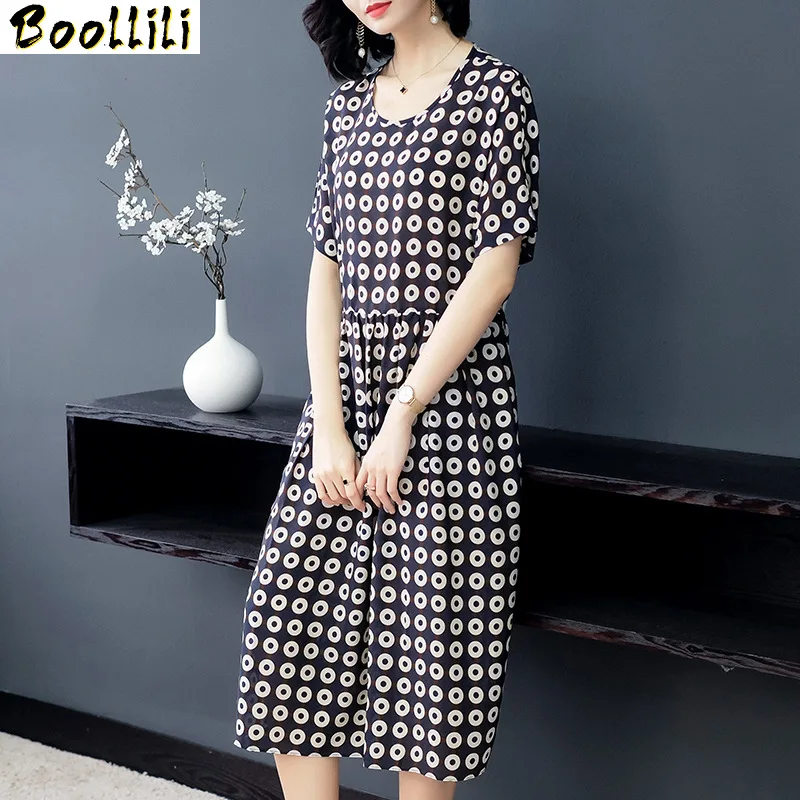 

Silk Boollili Real Dress Women Summer Dress Korean Fashion Midi Beach Dress Elegant Vintage Party Women Dress Vestido Mujer