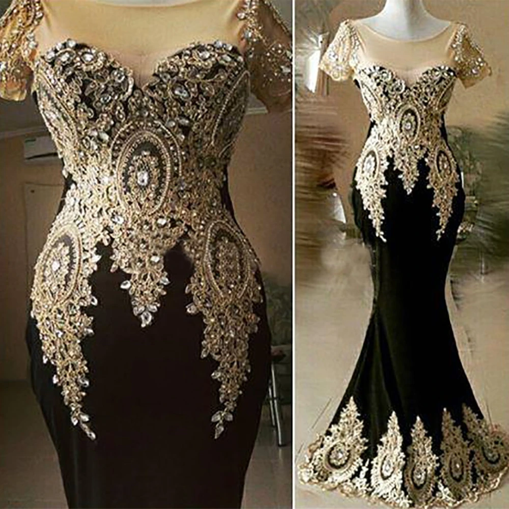 Elegante Korte Mouwen Black Mermaid Avondjurken Floor Lengte Kristallen Kralen Gold Kant Applicaties Vrouwen Lange Prom Partij Jassen