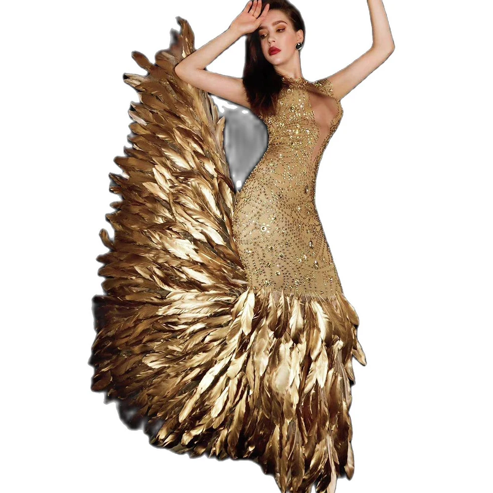 Women Glisten Gold Inlaid Diamond Dress Transparent Sleeveless Tight Elastic DS Costumes Long Feathers Trailing Dressy