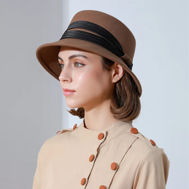 X4035  Adult Fisherman Hat Woolen Bucket Caps Lady Dome Top Wool Fedora Hats Women Belt Basin Cap Fascinators