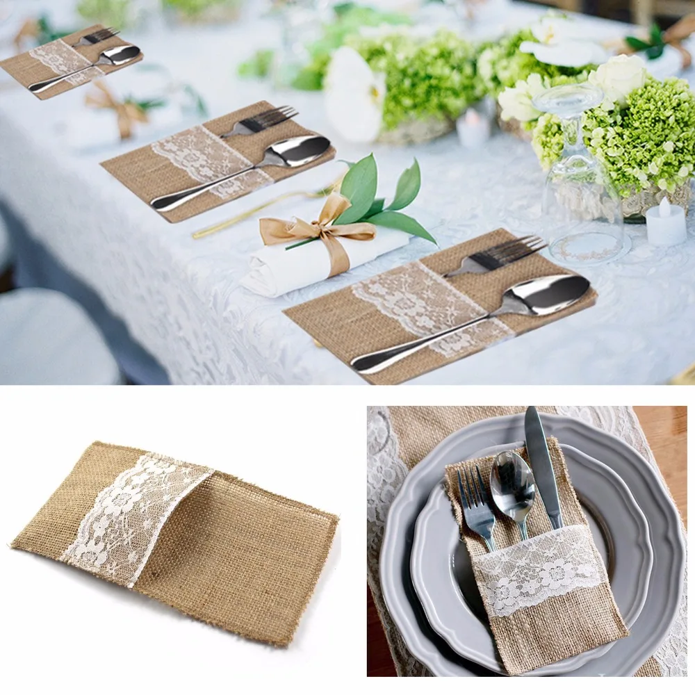 

10PC Fashion Rustic Vintage Wedding Lace Tableware Pouch Fork Knife Holder Pocket Jute Burlap Wedding Party DIY Table Decoration