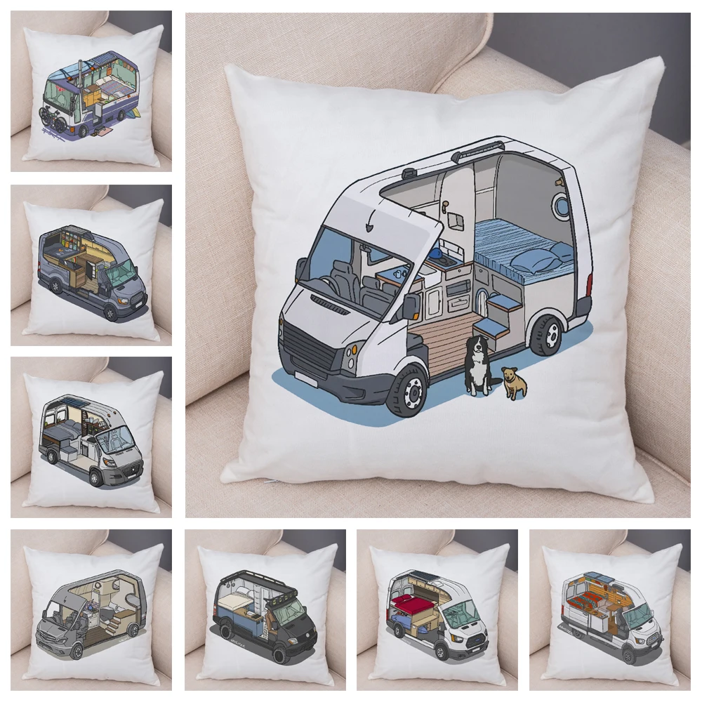 Cartoon Camper Pillow Case Decor Van Life House Travel Car Cushion Cover Vanlife Plush Pillowcase for Sofa Home Children Room