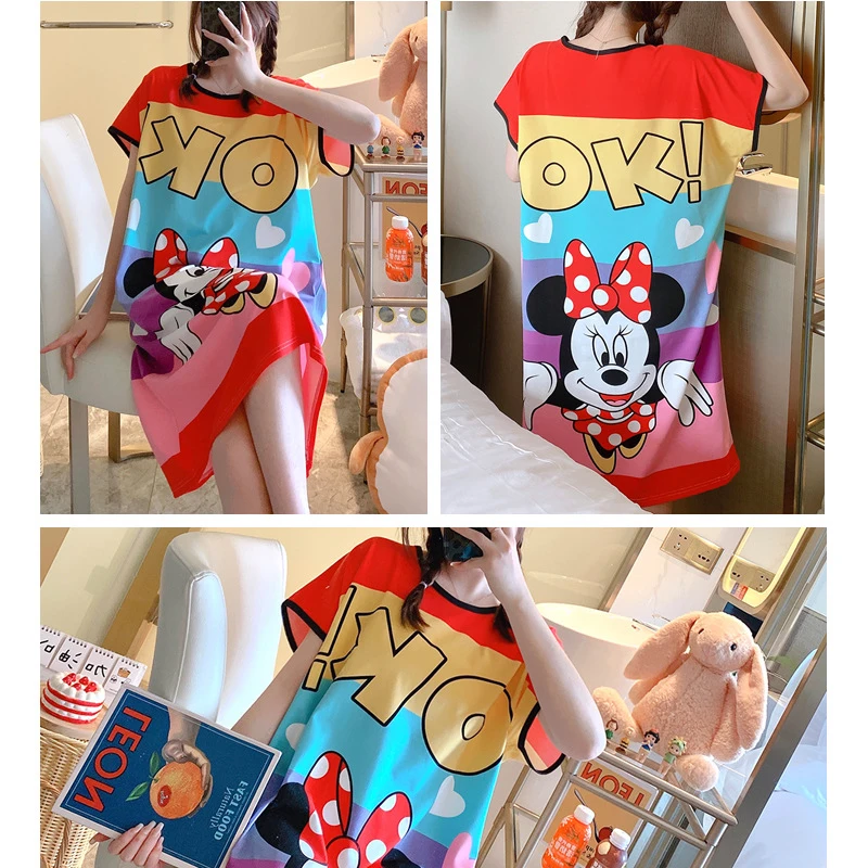 Nightdress Women Summer Color Mickey Cartoon Loose Nightgown Mid-Length Home Service Skirt Casual Nightdress