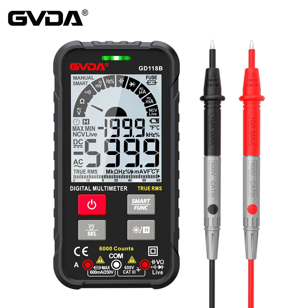 GVDA-multímetro Digital Ture RMS, 6000 recuentos, rango automático, NCV, probador inteligente, CA, CC, voltaje, capacitancia, Ohm, Hz